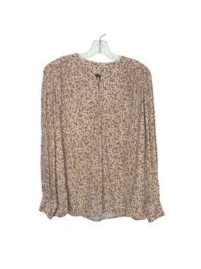 Violets & Roses Blouse Shirt Long Sleeve Floral 1X Tan Pink New